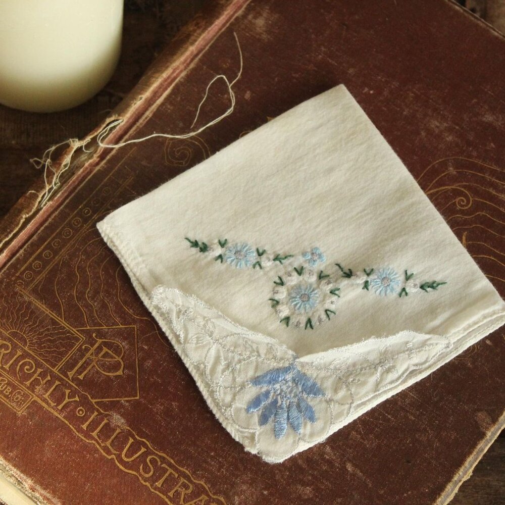 Vintage 1950s Handkerchief, Blue Flower Applique and Embroidery on White Cotton